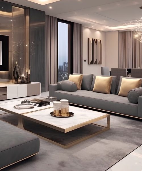 luxury and style with this modern living room boasts beautiful big sofas and a creative TV wall